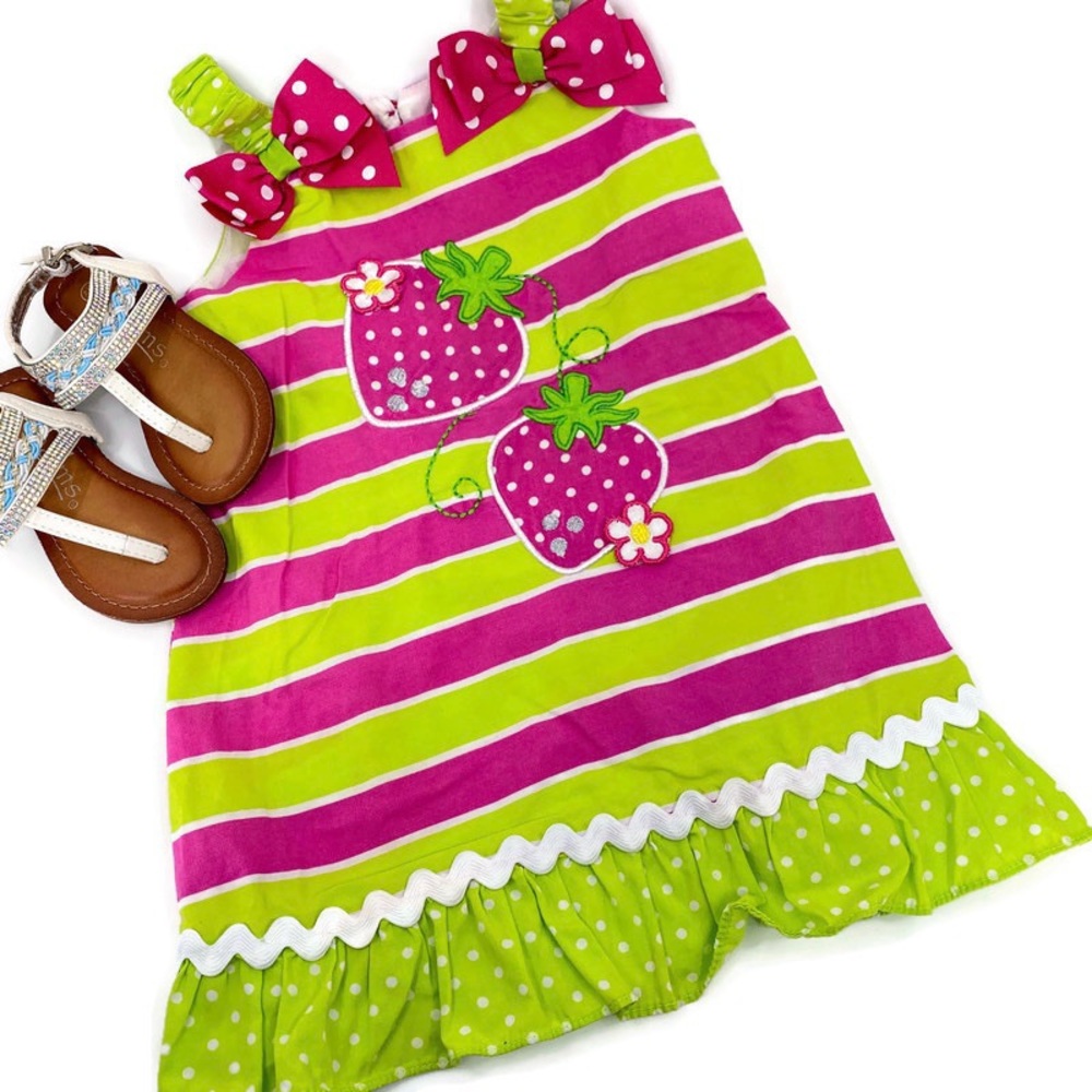 Sweet Heart Rose Baby Girl Summer Dress Strawberry Print Striped Bow Size 24M